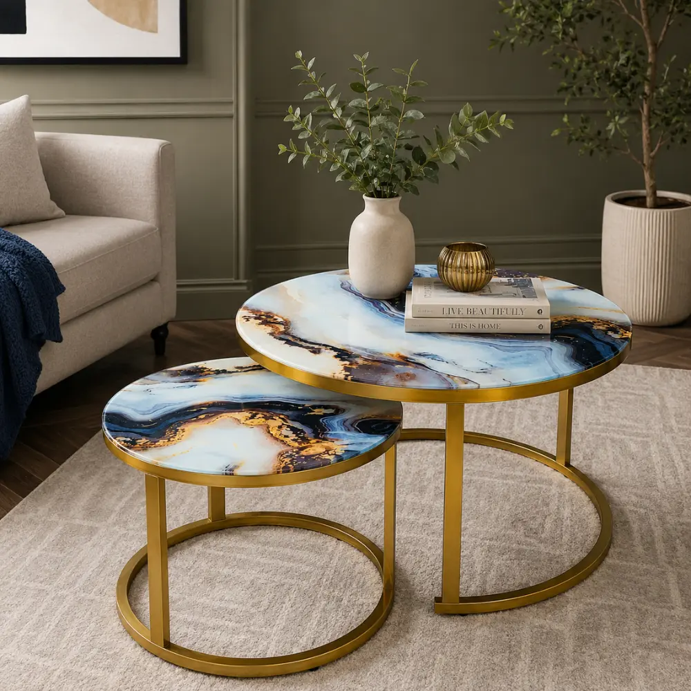 Luxury Gold Frame Marble Top Coffee Table - Blue
