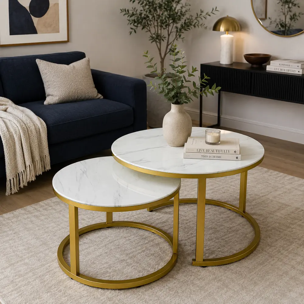 Luxury Gold Frame Marble Top Coffee Table - White